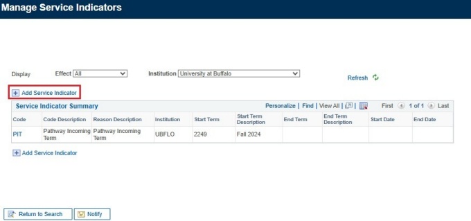 Zoom image: Manage Service Indicators screen with box around plus icon and Add Service Indicator text