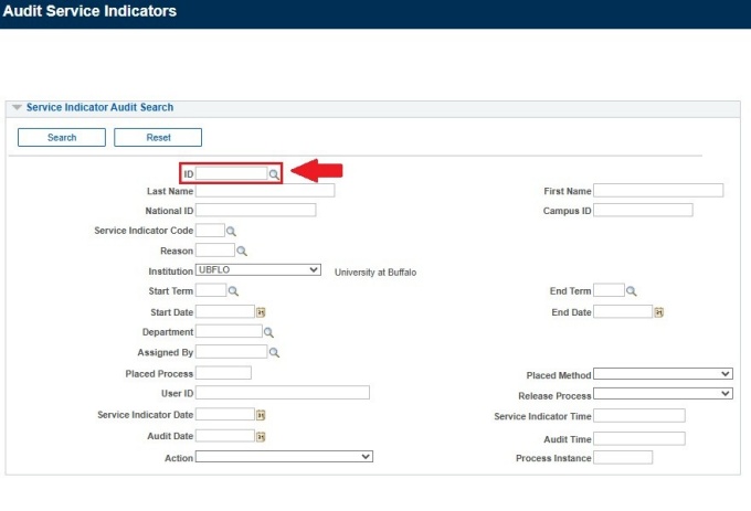 Zoom image: Service Indicator Audit Search screen with arrow pointing to ID field