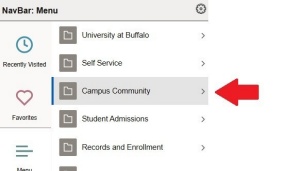 Zoom image: NavBar: Menu with arrow pointing to Campus Community
