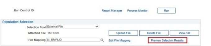 Zoom image: Population Selection screen, box around Preview Selection Results button