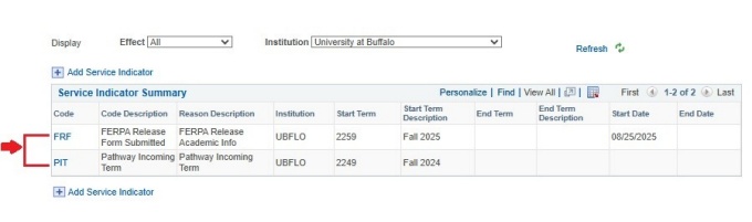Zoom image: Service Indicator Summary screen with arrow pointing to two rows, starting with FRF for FERPA and PIT for Pathway Incoming Term