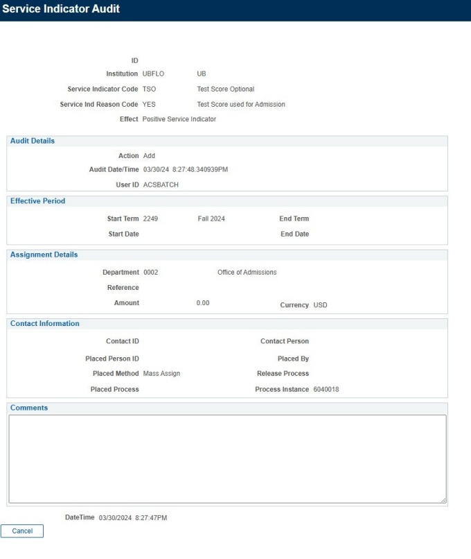 Zoom image: Service Indicator Audit screen with details about audit, effective period, and more