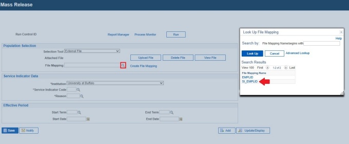 Zoom image: Mass Release Screen with box around magnifying glass icon next to File Mapping field, and pop-up window with arrow pointing to last row