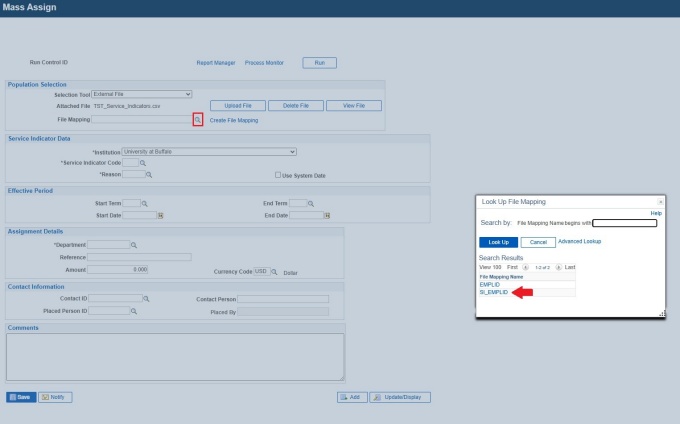 Zoom image: Mass Assign screen with box around magnifying glass icon next to File Mapping field, and pop-up box for Look Up File Mapping with arrow pointing to last row