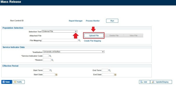 Zoom image: Mass Release screen with arrows pointing to Selection Tool drop-down menu, and to Upload File button