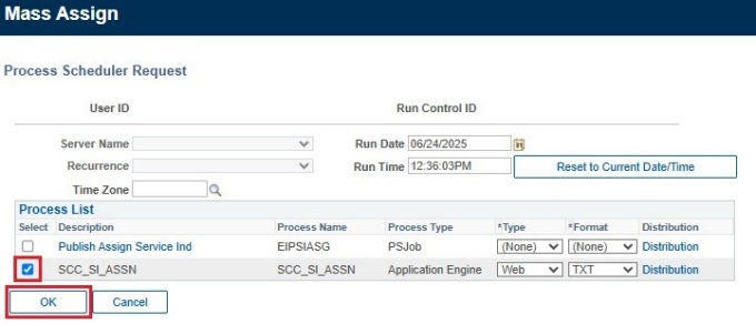 Zoom image: Process Scheduler Request screen with box around checkbox for a row, and around OK button