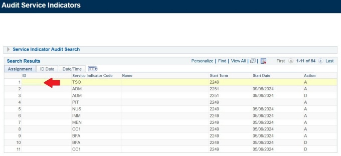 Zoom image: Search Results with first row highlighted and arrow pointing to ID column