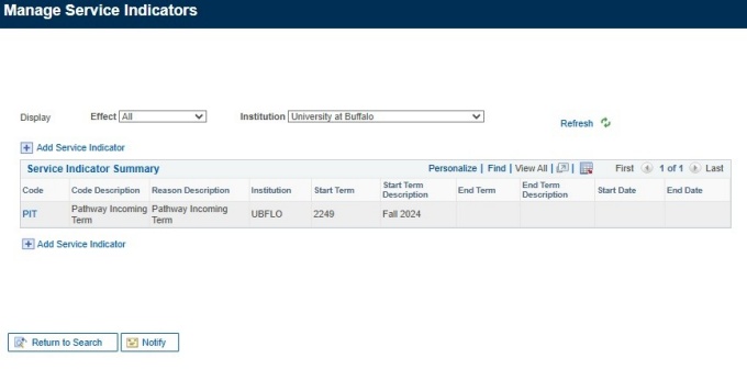 Zoom image: Manage Service Indicators screen with summary