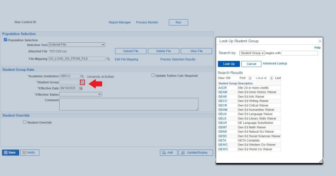Zoom image: Arrow pointing to magnifying glass icon; pop-up window with results for look up student group