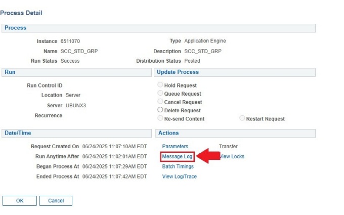 Zoom image: Process Detail screen with box around "Message Log" text and arrow pointing to it