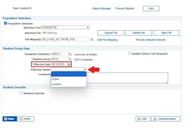 Zoom image: Run Control ID screen with box around "Effective Date" and arrow pointing to drop-down menu for "Effective Status"