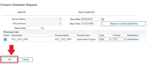 Zoom image: Process Scheduler Request screen with arrow pointing to "OK" button and box around it