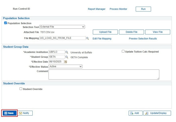 Zoom image: Run Control ID screen with box around "Save" button