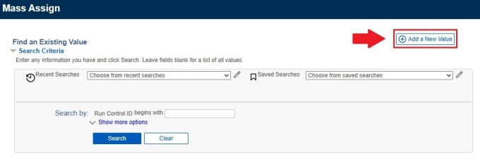 Zoom image: Mass Assign screen with arrow pointing to Add a New Value button
