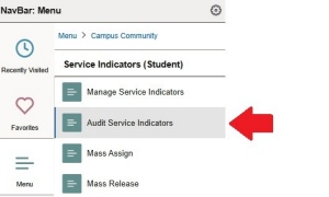 Zoom image: Service Indicators menu with arrow pointing to Audit Service Indicators