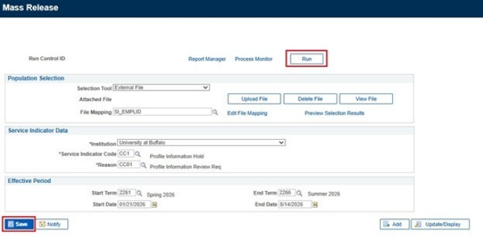 Zoom image: Mass Release screen with boxes around Run button and Save button