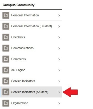 Zoom image: Campus Community menu with arrow pointing to Service Indicators (Student)