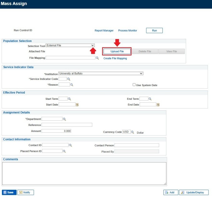 Zoom image: Mass Assign screen with arrow pointing to Selection Tool drop-down menu, and to Upload File button