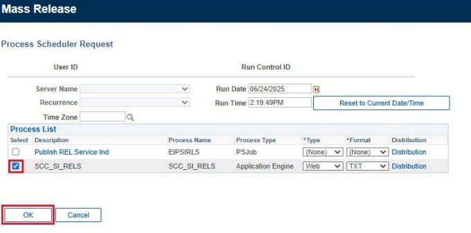 Zoom image: Process Scheduler Request screen with box around checked box next to SCC_SI_ASSN row, and box around OK button
