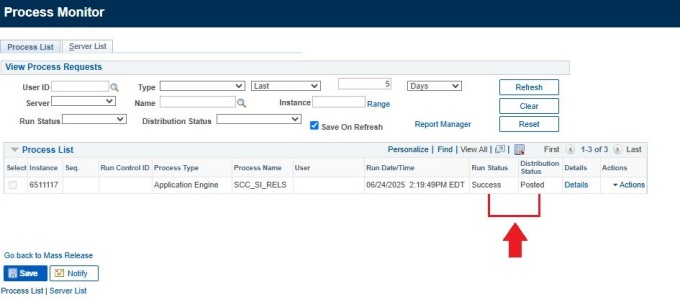 Zoom image: Process Monitor Screen with arrow pointing to Run Status Success and Distribution Status Posted