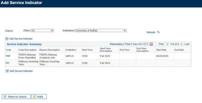 Zoom image: Add Service Indicator screen with Service Indicator Summary