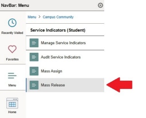 Zoom image: Service Indicators menu, arrow pointing to Mass Release