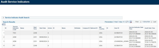 Zoom image: Search Results showing service indicator codes, start terms, dates and other information