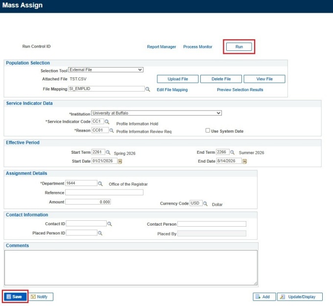 Zoom image: Mass Assign screen with box around Run button and Save button