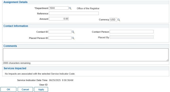 Zoom image: Assignment details, contact information, comments and other sections