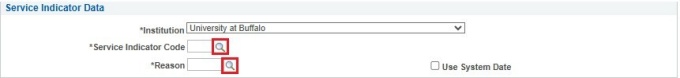 Zoom image: Service Indicator Data screen with boxes around magnifying glass icons next to Service Indicator Code and Reason fields