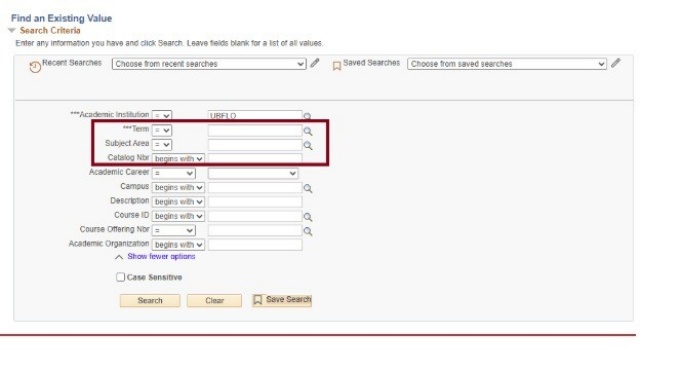 Find an Existing Value Screen with box around Term, Subject Area and Catalog Nbr fields. 