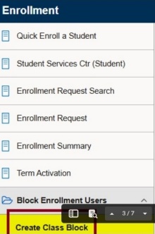 Enrollment menu with box around Create Class Block. 