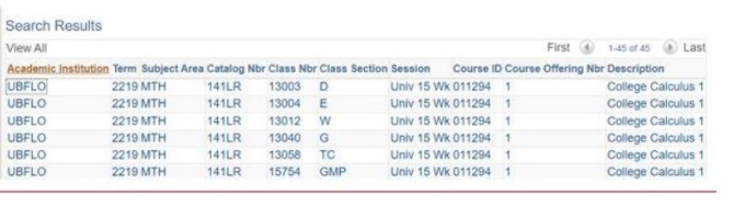 Search results with list of sections with class info. 