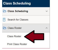 Arrow pointing to Class Roster under Class Roster sub-menu. 
