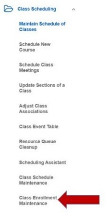 Class Enrollment Maintenance menu option under Maintain Schedule of Classes heading. 