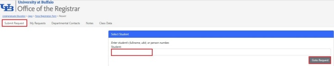 Red boxes around Submit Request and Student Name fields and Go To Request button. 