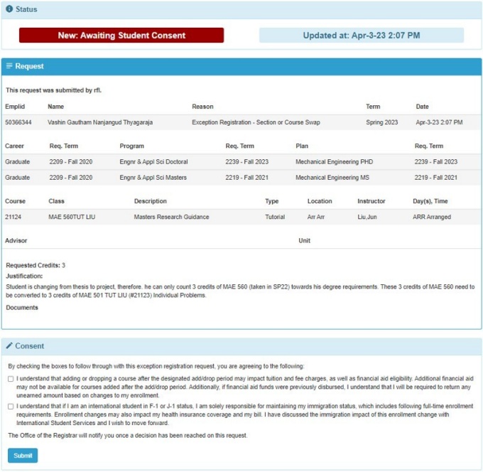 Student Consent screen showing the details of the request along with checkboxes for the student to consent to, as well as a submit button. 