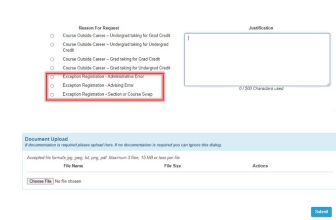 Red box around Exception Registration Reasons for Request Selections. 