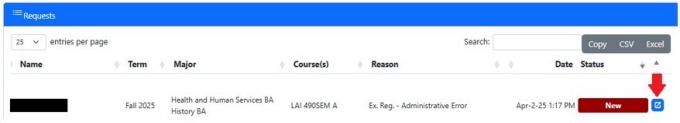 Red box around Request Table tab in the Exception Registration portal. 
