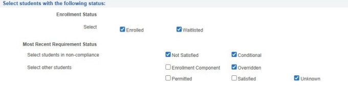 Zoom image: Enrollment Status and Most Recent Requirement Status fields with checkboxes.
