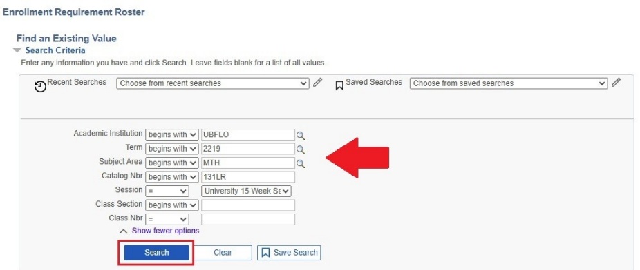 Arrow pointing to fields for term, subject area, catalog nbr; box around Search button. 