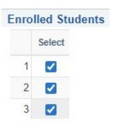 Enrolled Students heading with three rows and checkbox for each row checked. 