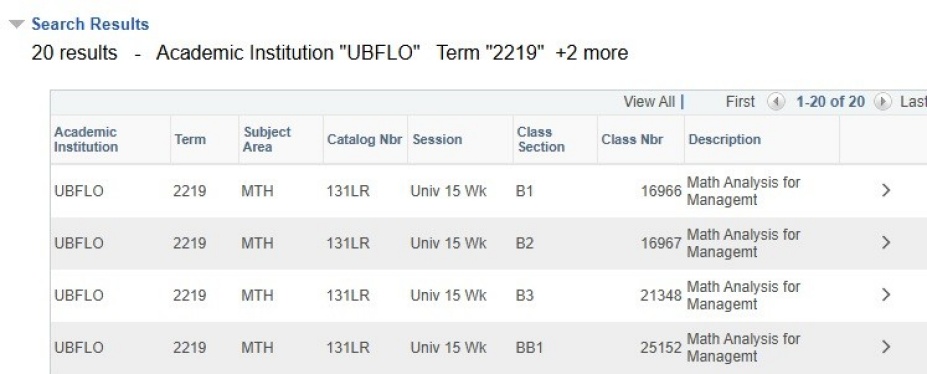 Table of search results including term, subject area, etc.. 