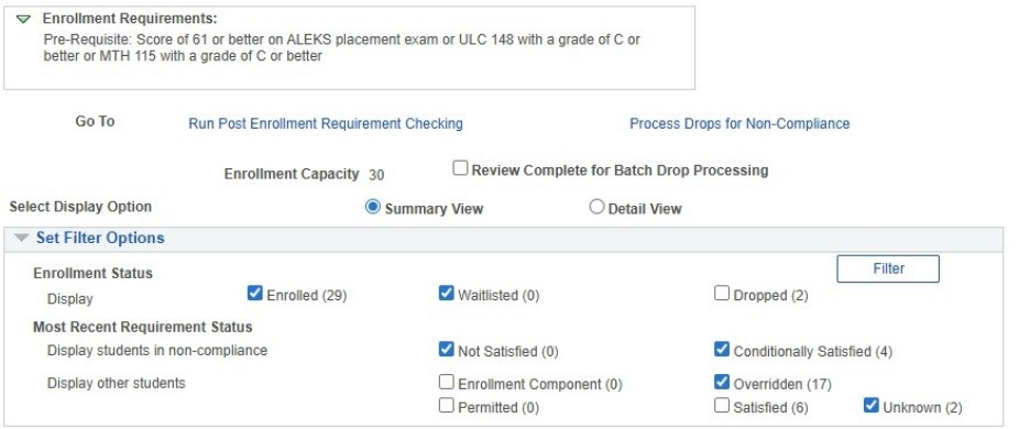 Enrollment requirements with filter options and some checkboxes checked. 
