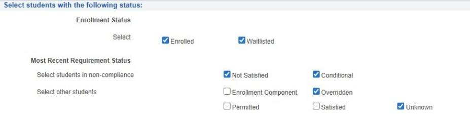 Enrollment Status and Most Recent Requirement Status fields with checkboxes. 