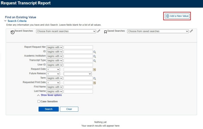 Zoom image: Find an Existing Value screen with multiple fields and box around Add a New Value button.