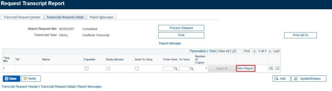 Zoom image: Transcript Request Detail tab with box around View Report button.