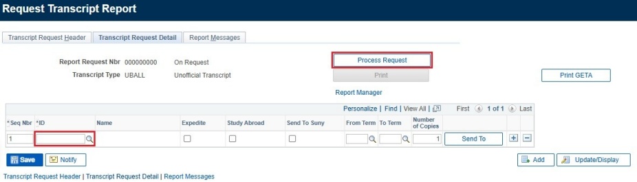 Boxes around Process Request button and lookup field for ID. 