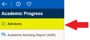 Arrow pointing to word Advisors under Academic Progress menu. 