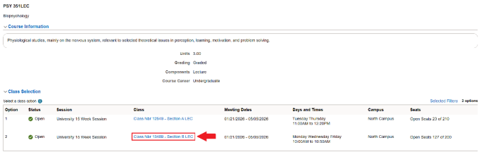 Zoom image: List of classes with arrow pointing to one selection in class column
